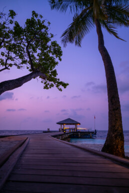 Purple sunset over the ocean in Maldives